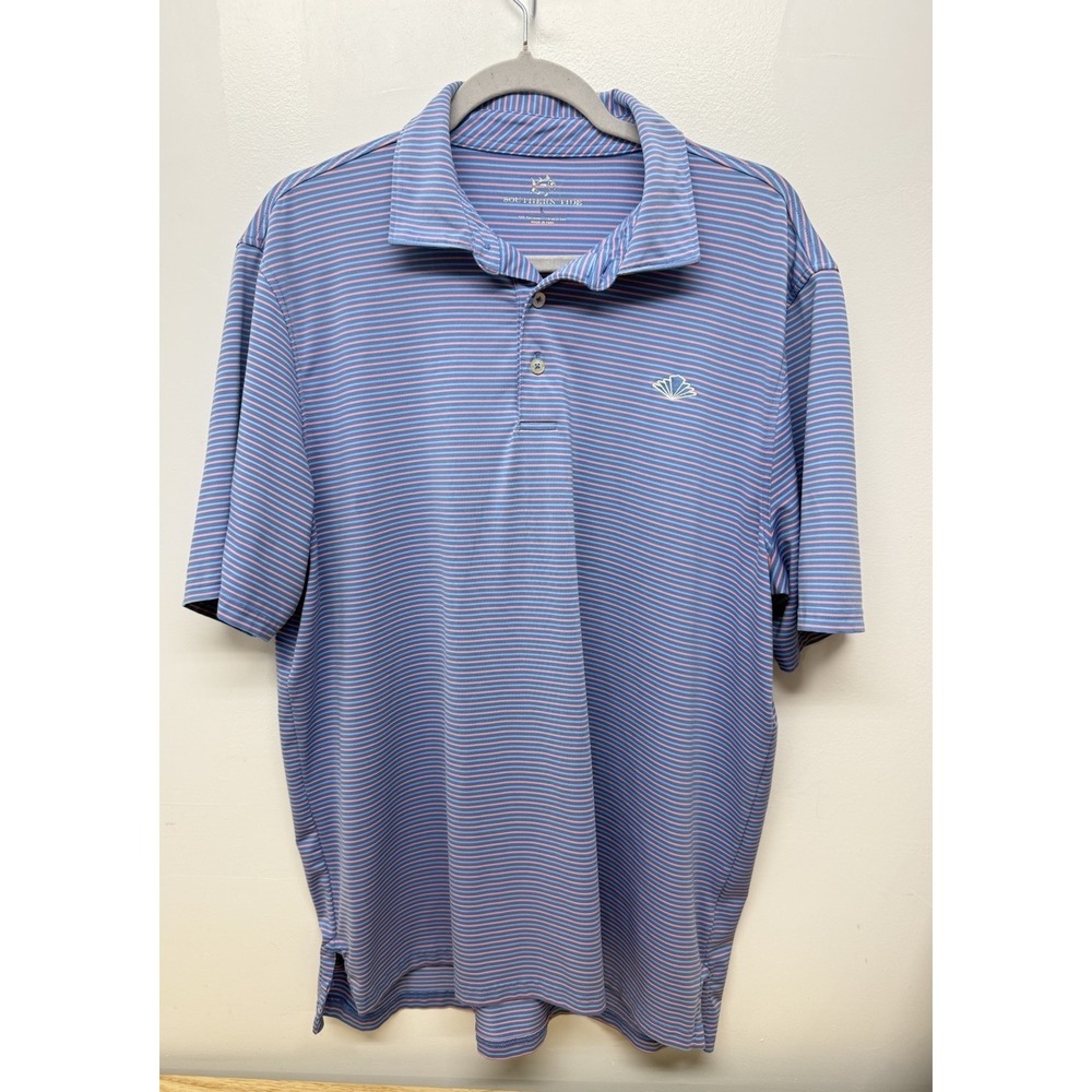 Southern Tide Striped Performance Polo Shirt Blue Pink Shell Logo Mens Large #59